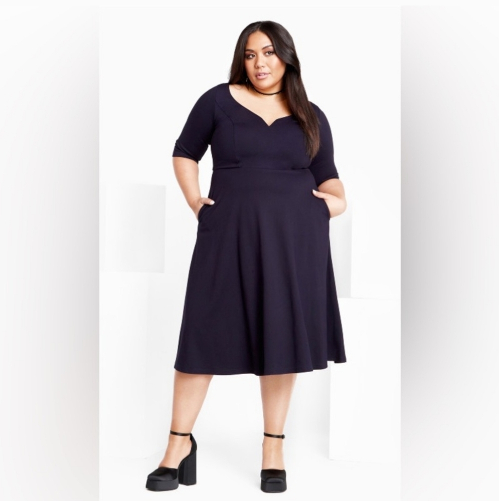 City Chic Elbow Sleeve A Line Dress Navy NWT